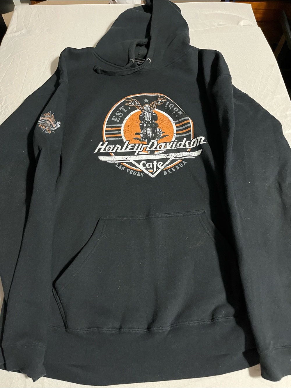Harley-Davidson Black Hoodie with Orange and White Moto Emblem Size XL